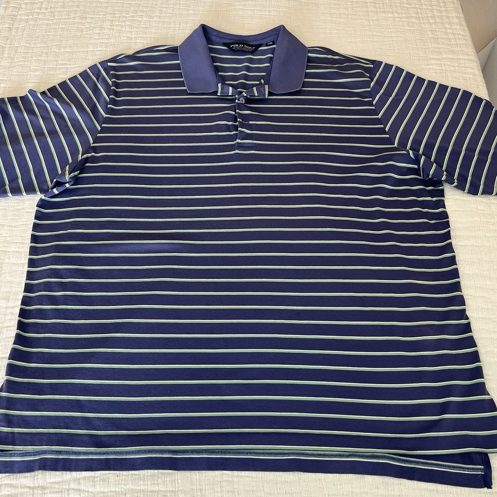 Polo Golf Ralph Lauren Shirt Mens 2XL Blue Green Pima Striped Missing Button